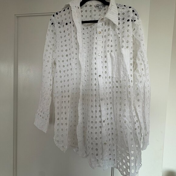 Solid & Striped Oxford Button Up Cover Up Shirt Sz M White Cotton Tunic Eyelet - Picture 5 of 6